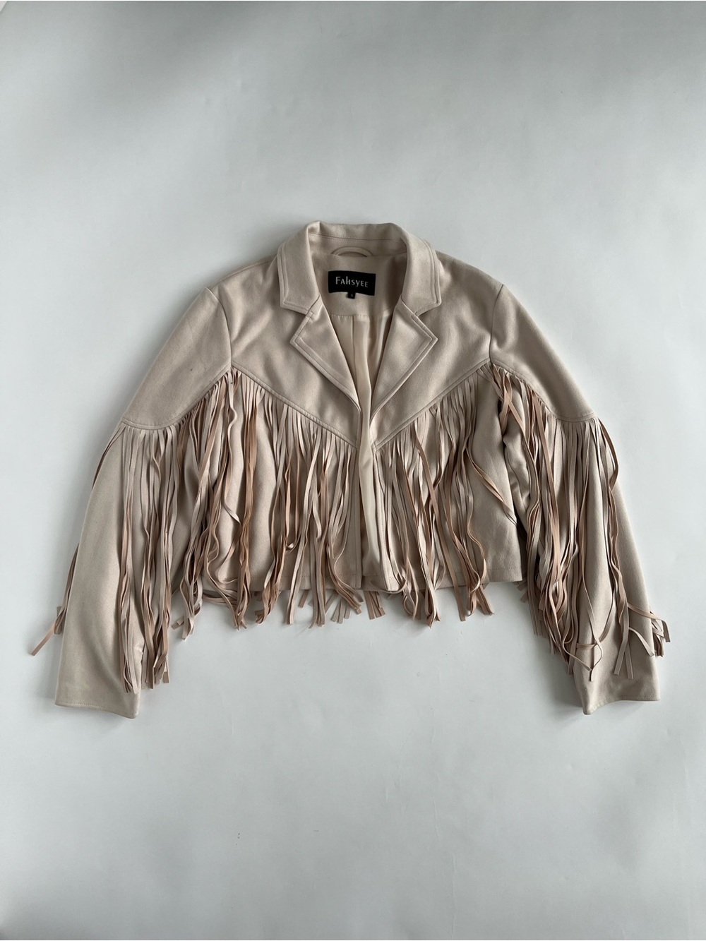 Fahsyee Women’s Cropped Fringe Jacket in Light Beige